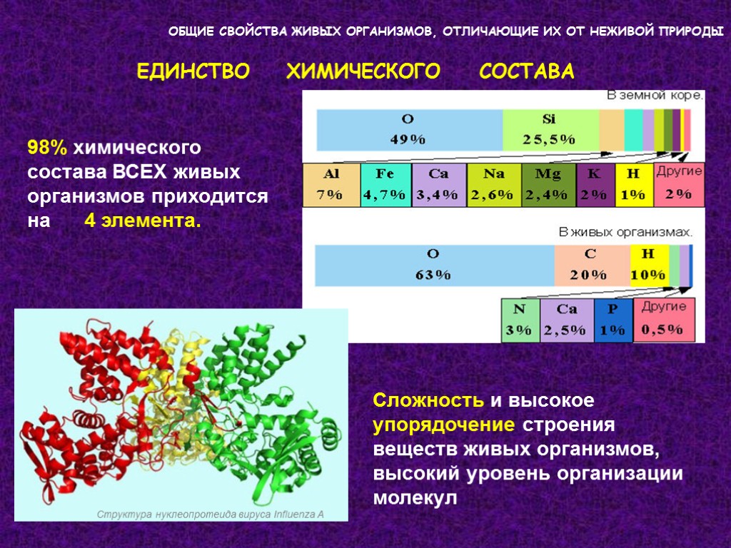 ОБЩИЕ СВОЙСТВА ЖИВЫХ ОРГАНИЗМОВ, ОТЛИЧАЮЩИЕ ИХ ОТ НЕЖИВОЙ ПРИРОДЫ ЕДИНСТВО ХИМИЧЕСКОГО СОСТАВА 98% химического ОБЩИЕ СВОЙСТВА ЖИВЫХ ОРГАНИЗМОВ, ОТЛИЧАЮЩИЕ ИХ ОТ НЕЖИВОЙ ПРИРОДЫ ЕДИНСТВО ХИМИЧЕСКОГО СОСТАВА 98% химического